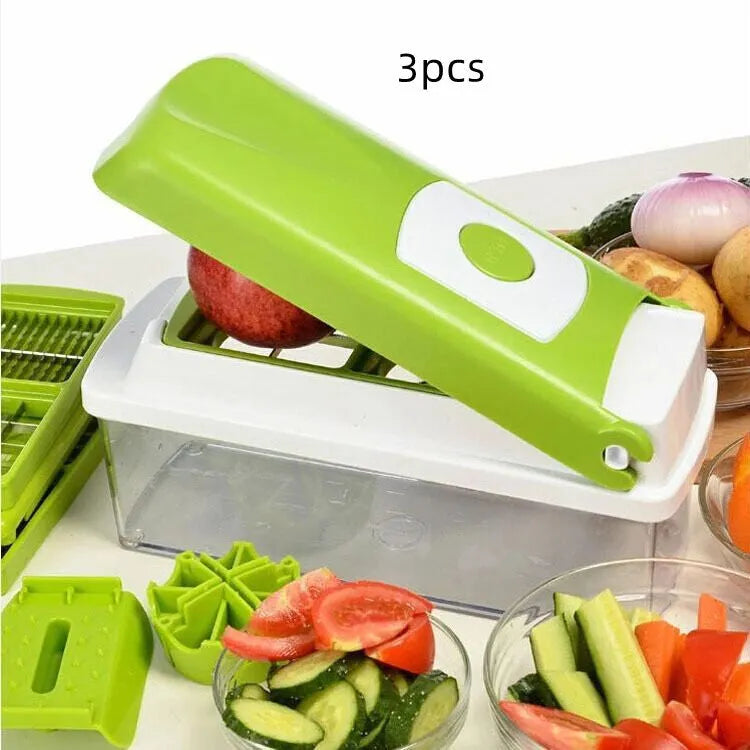 Green 12-piece manual vegetable chopper set with stainless steel blades on kitchen counter