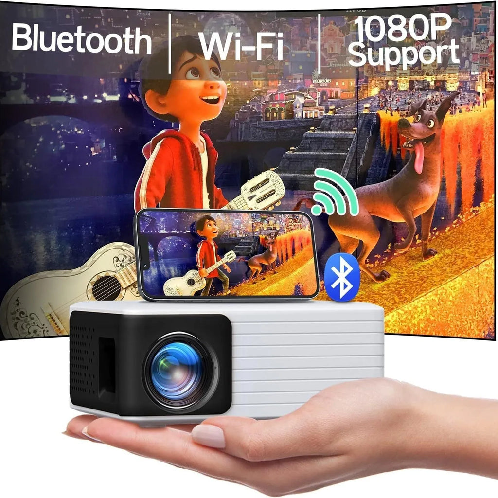 WIFI Wireless Projector 720p HD Smart Android with Bluetooth and remote control on a table