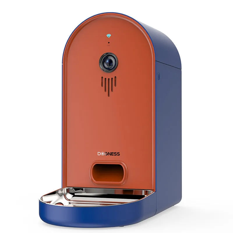 Automatic pet feeder in Barbie pink colour with ivory white accents showing feeding mechanism
