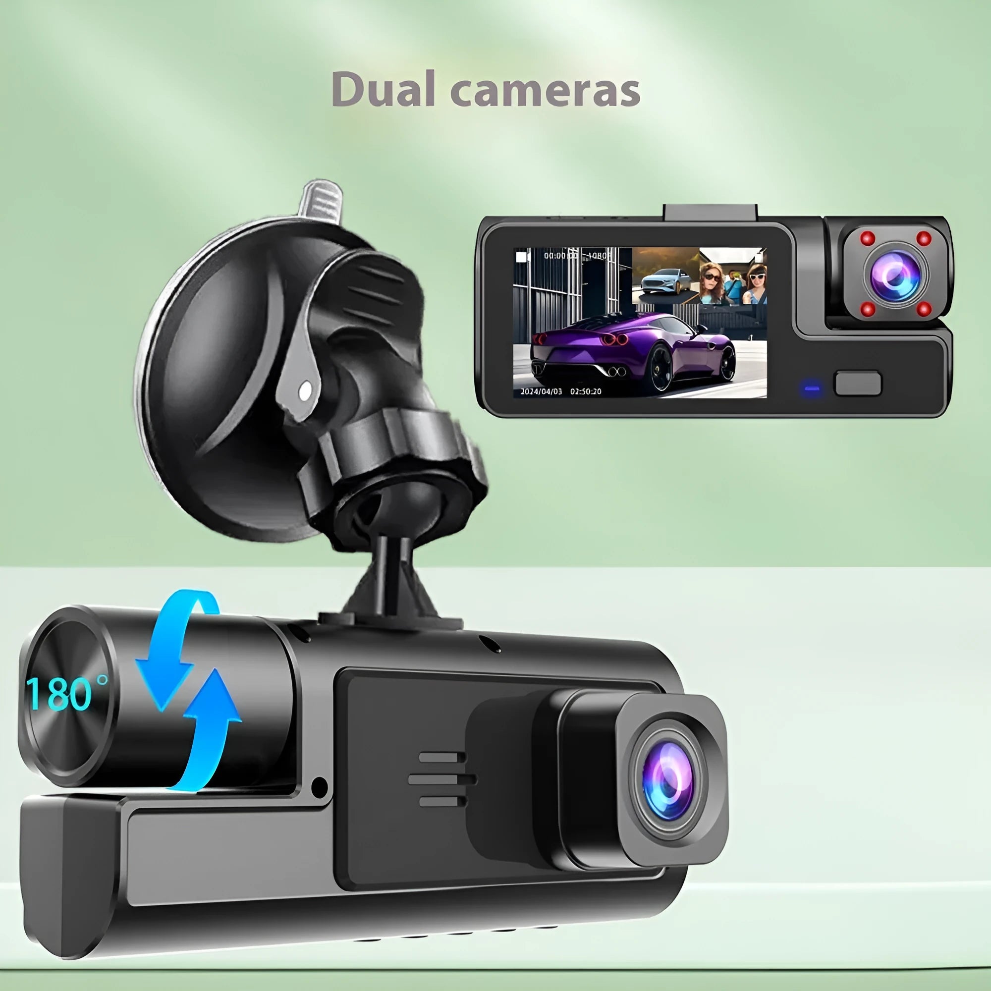 Black car dash cam with a 2-inch screen mounted on a windscreen, showing a rear-view parking image.