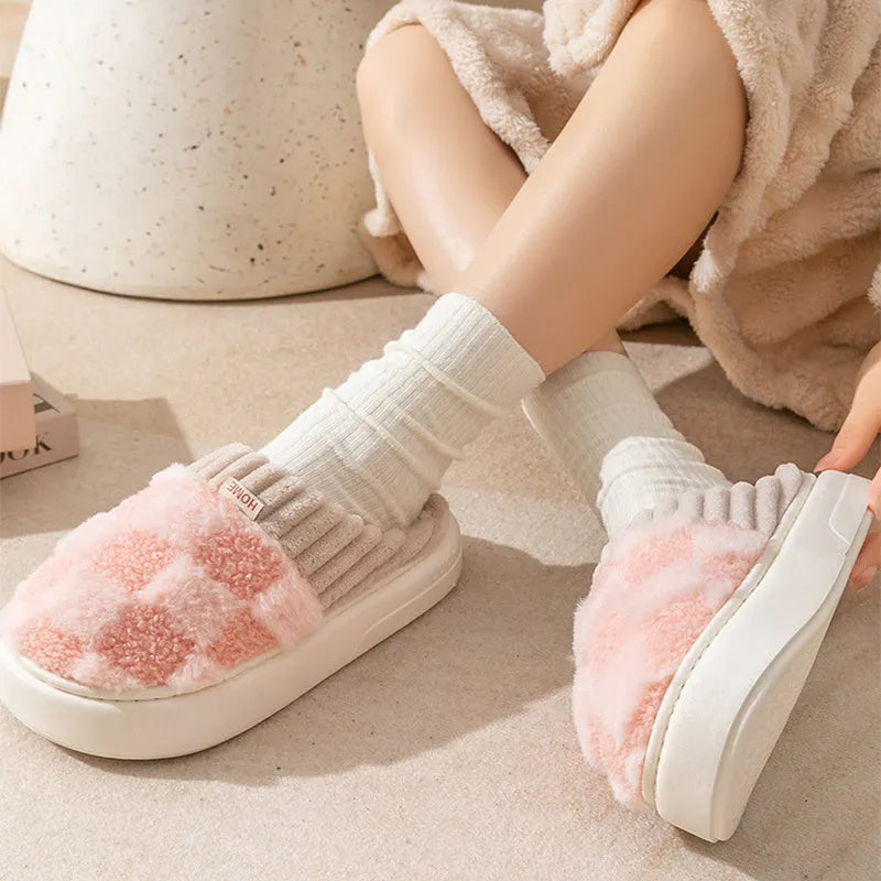 Women's plush coral velvet indoor slippers with a non-slip PVC sole, shown in various colours.