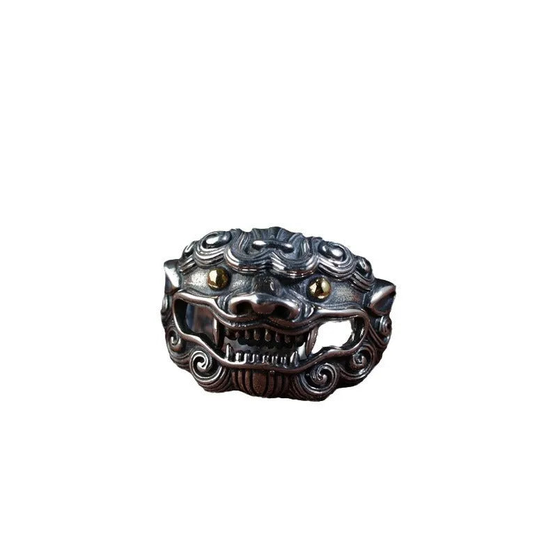 Silver open ring with a personalised diamond jibeast animal zodiac pattern on a hand.
