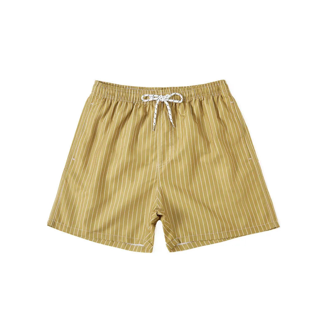 Navy blue striped beach shorts with straight legs on a mannequin.