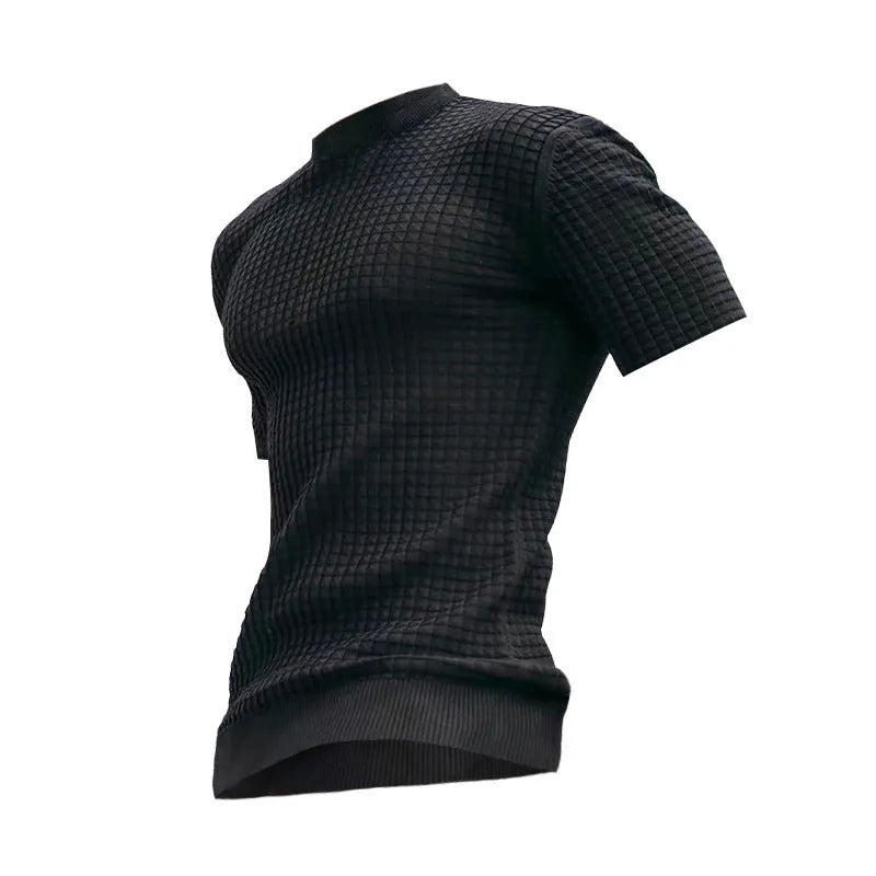 Men's round neck stretch casual trend polyester t-shirt in army green on a white background