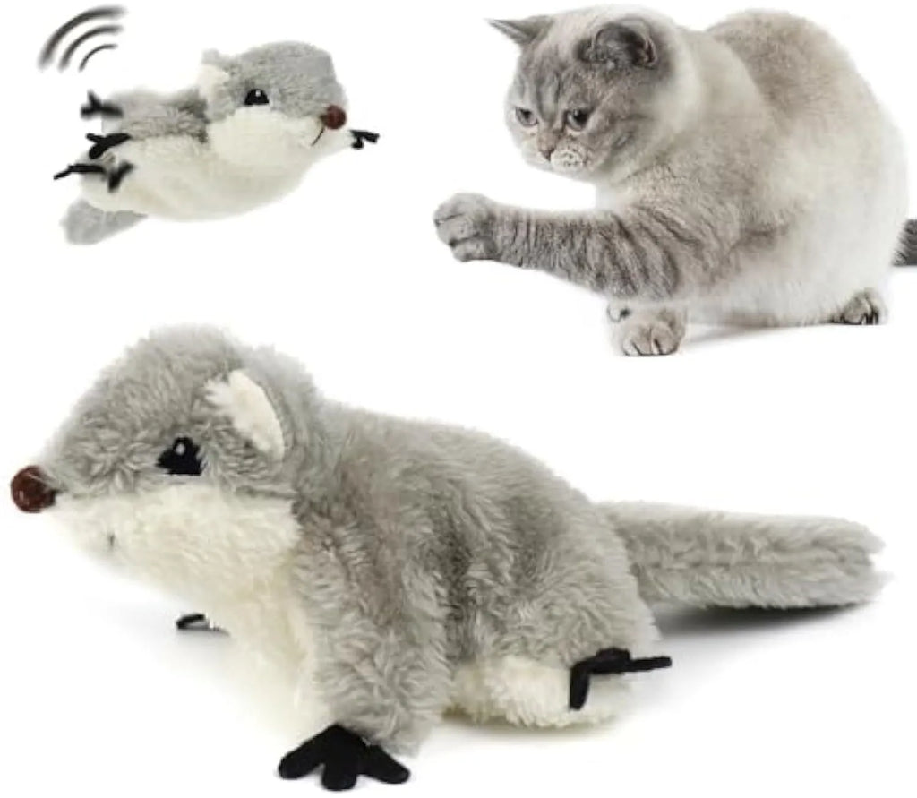 Grey flapping squirrel cat toy with touch activation and USB charging