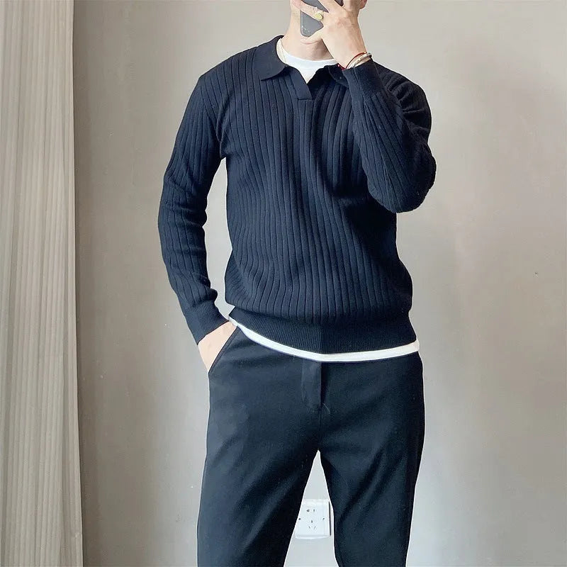 Men's loose grey striped lapel knitted sweater on a hanger