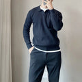 Men's loose grey striped lapel knitted sweater on a hanger