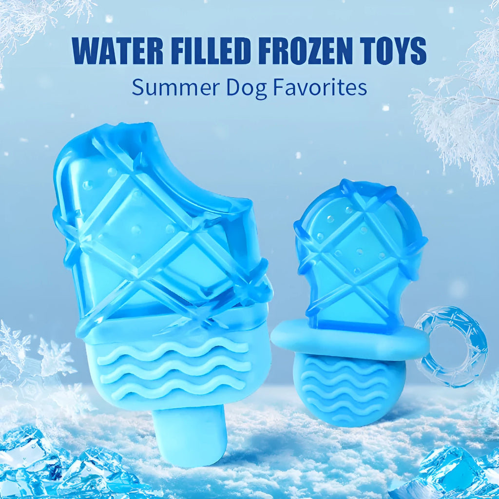 Three silicone dog cooling toys: pacifier, popsicle and ring shapes for summer heat relief