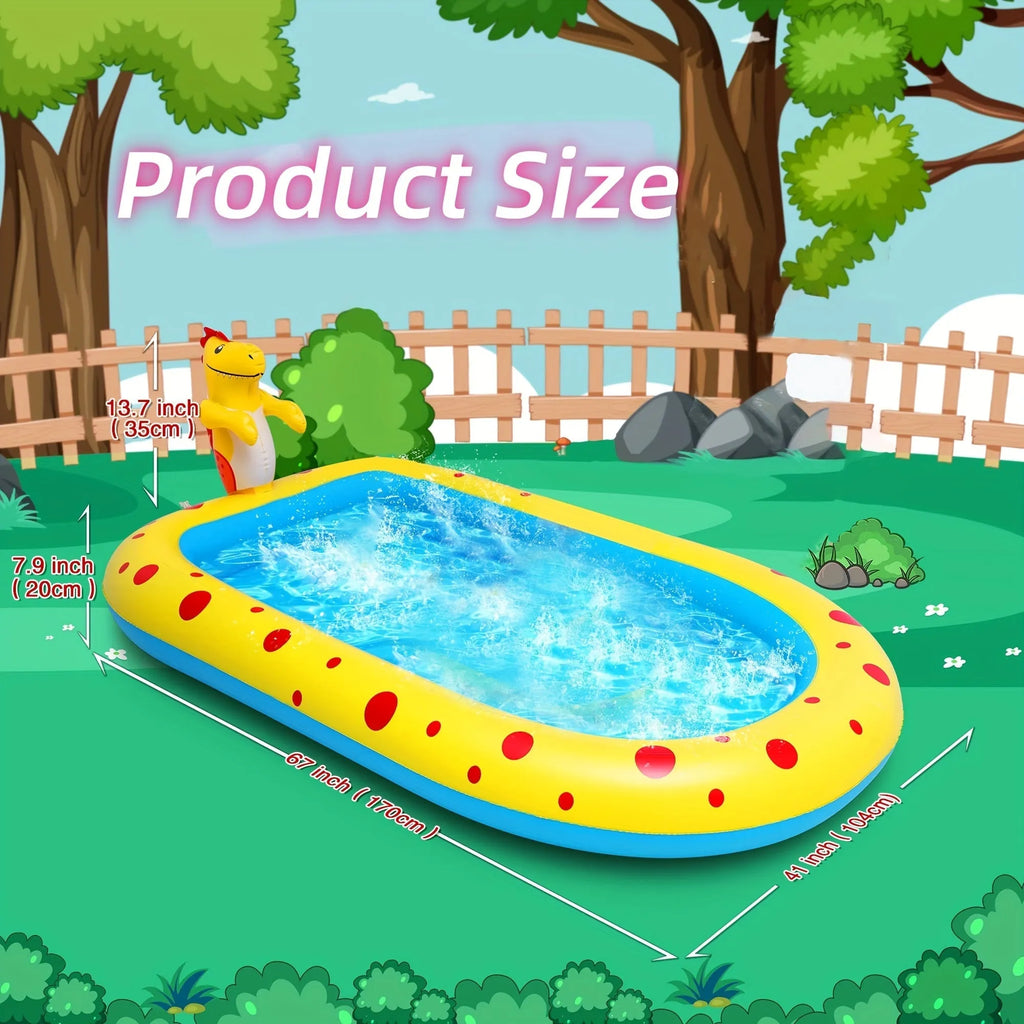 Blue inflatable dinosaur water spray pool with spray toys measuring 170cm long for outdoor play