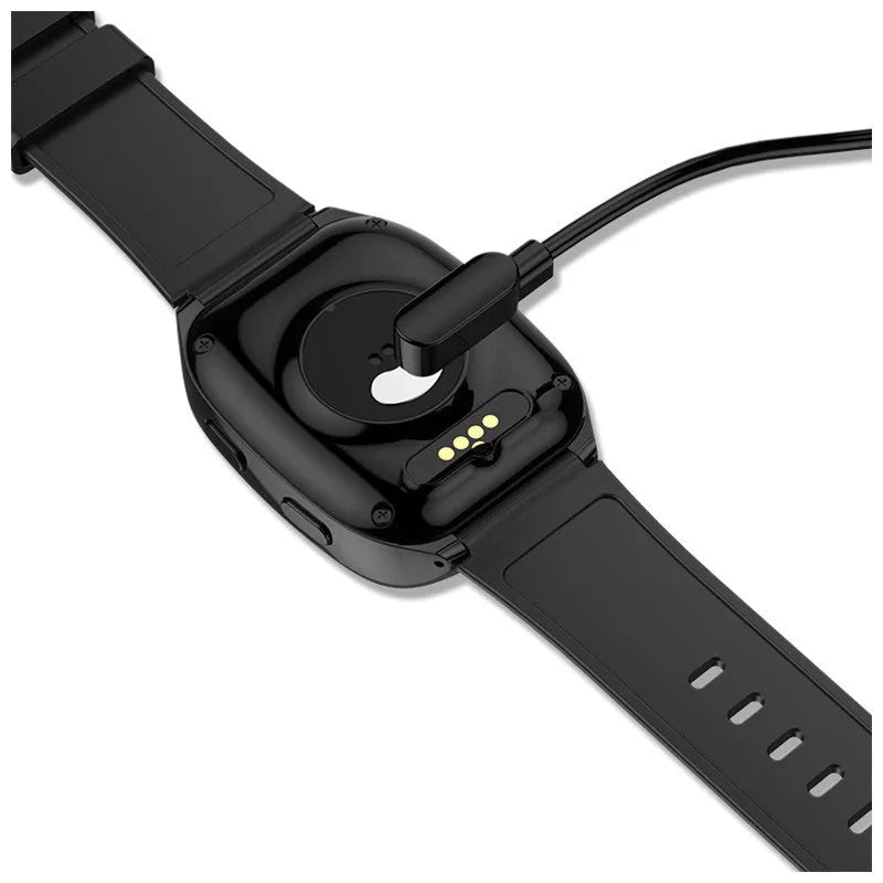 Black GPS smartwatch with touch screen displaying heart rate monitor and SOS functions