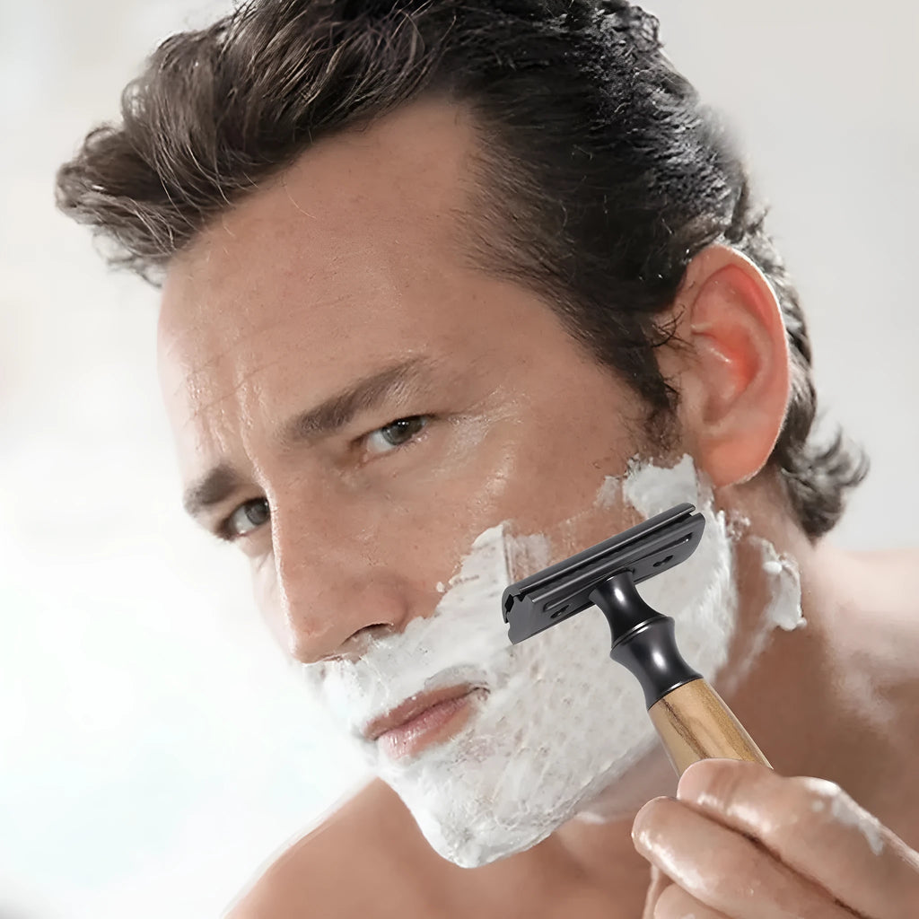 Men's copper safety razor with olive wood handle and aluminium alloy razor holder