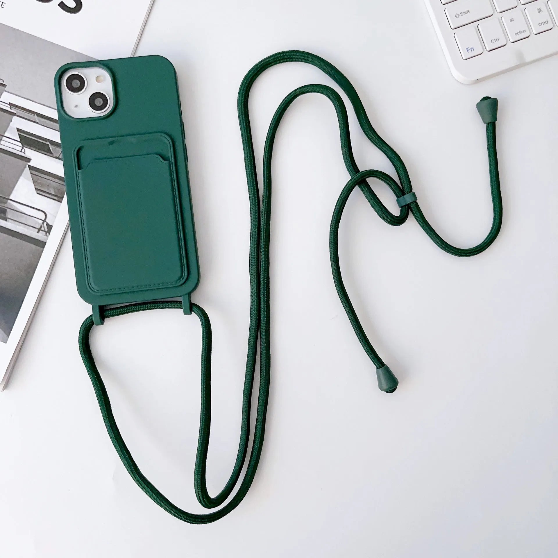 Cross body lanyard TPU phone case with card holder for Apple iPhone models, available in antique white, gray, and light pink
