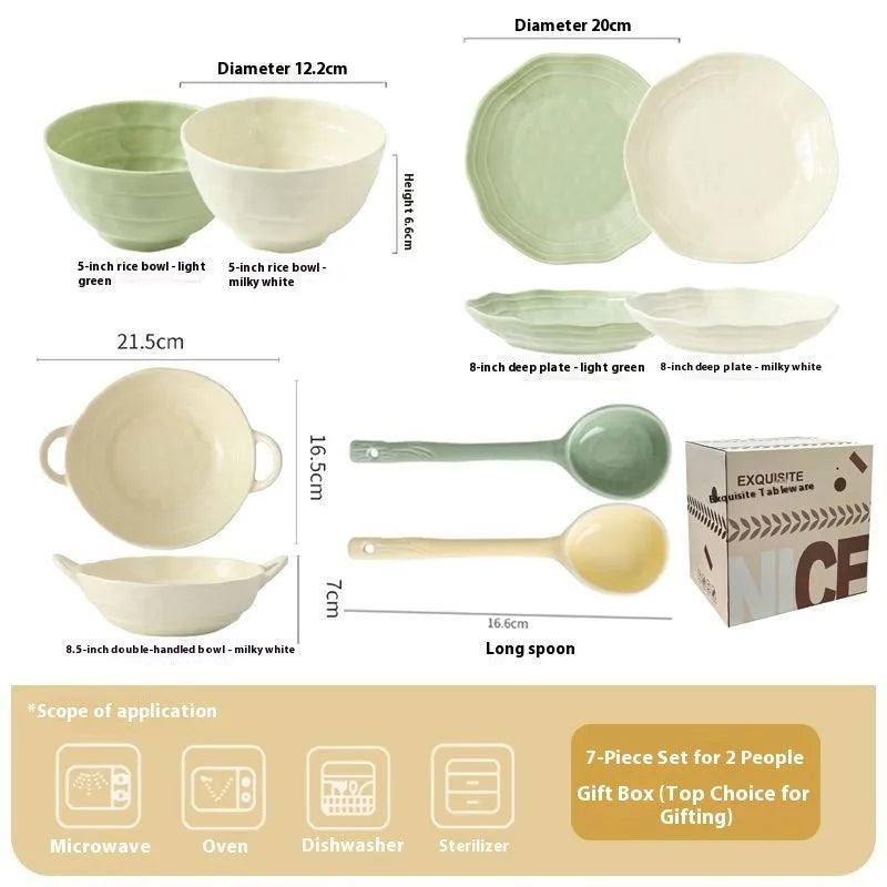 Seven-piece ceramic tableware set in solid colour with microwave-safe function