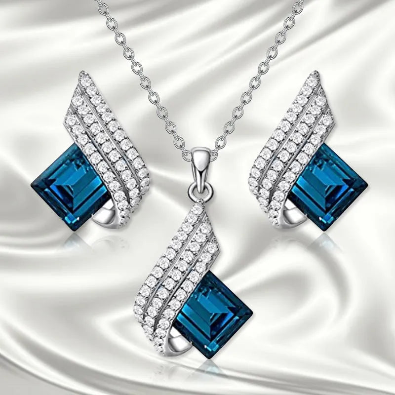 Glass cross chain necklace with matching electroplated alloy pendant ear stud earrings set for women