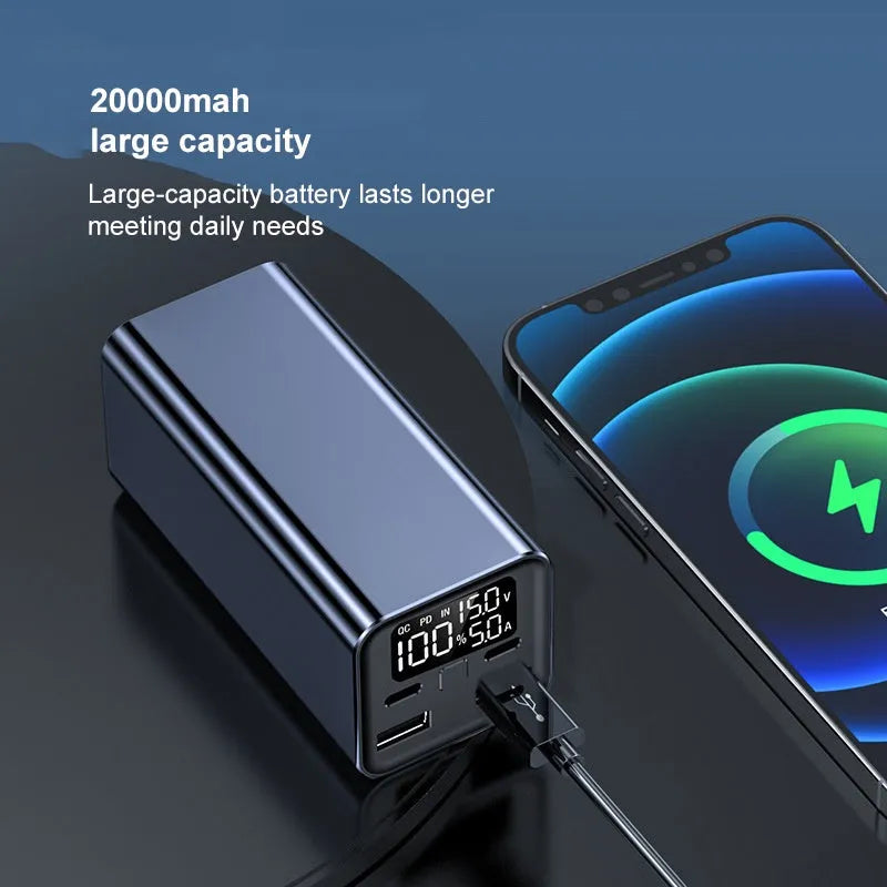 65W 20000mAh metal laptop charging bank in black, blue or grey colours showing compact dimensions