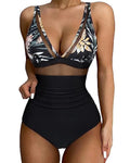 Women's high waist one-piece swimsuit in quick-drying polyester available in multiple colours including leopard print