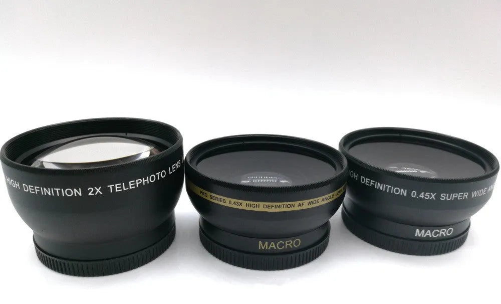 Black 52mm wide-angle macro camera lens with front and back covers on a table