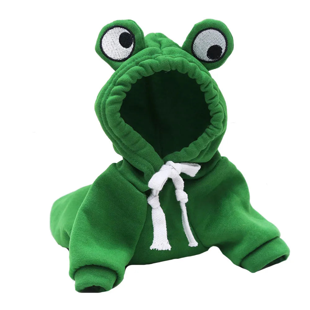 Green frog costume hoodie for small dog with hood and fleece material showing chest girth measurement