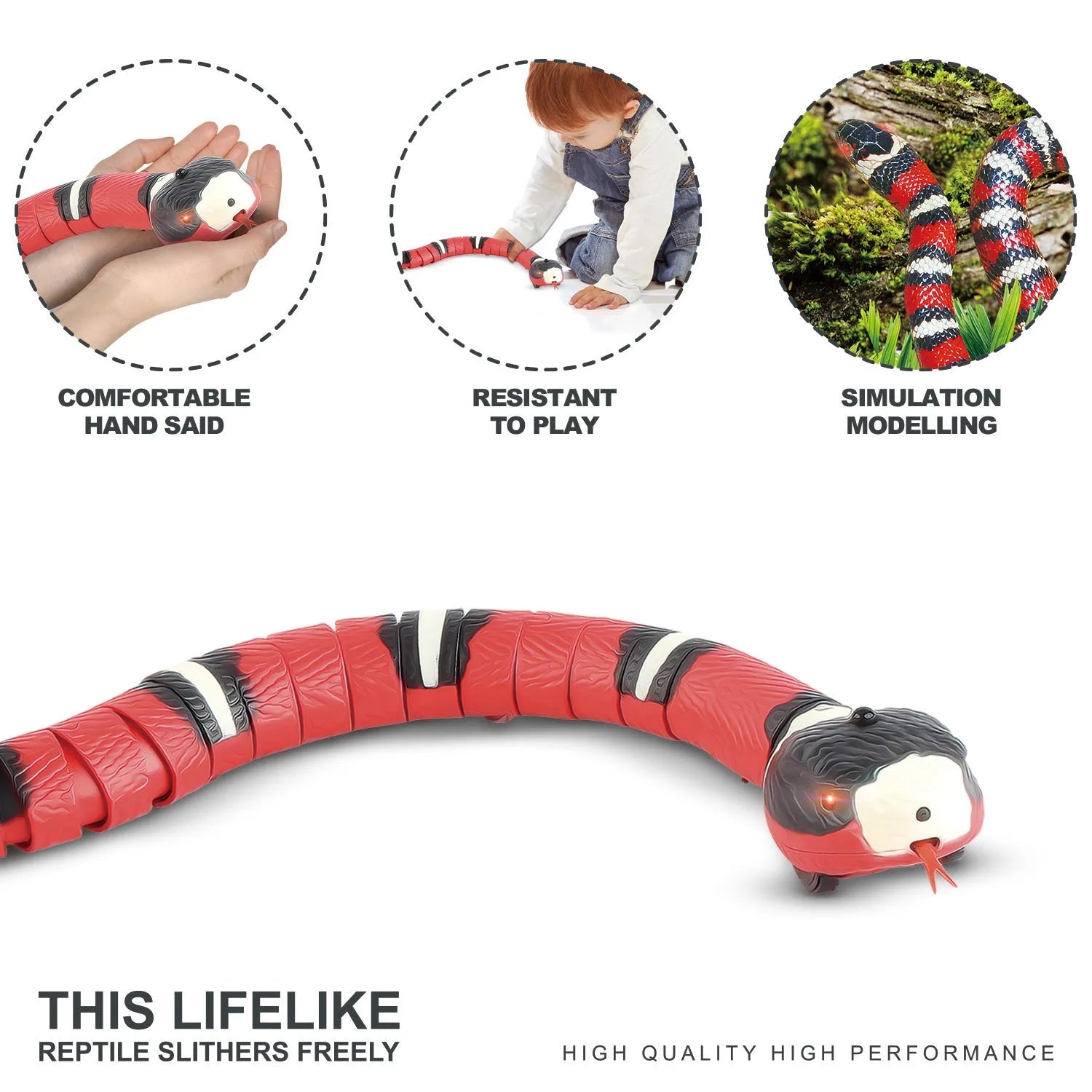 Smart sensing electronic snake cat toy with realistic plastic body on floor