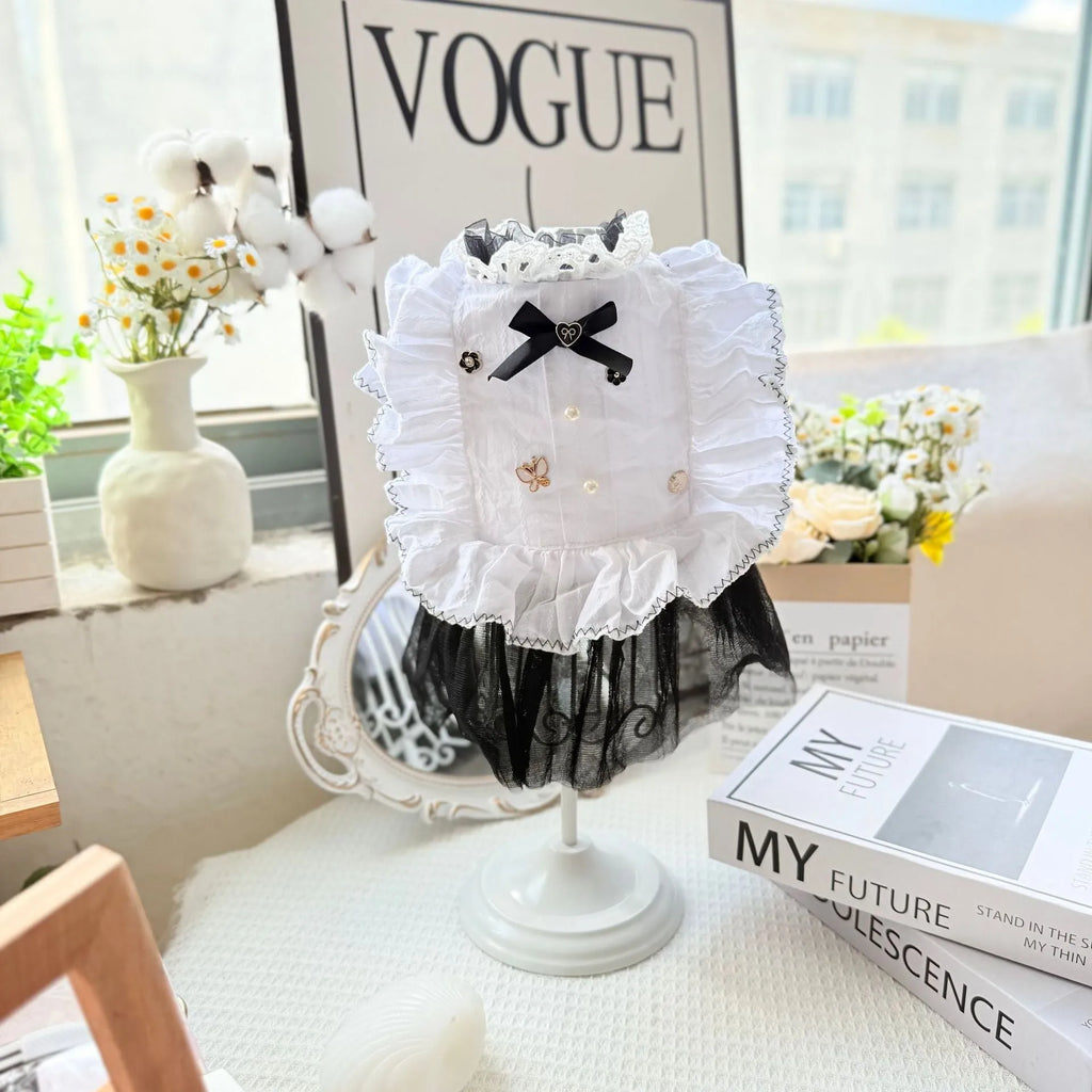 White polyester waltz gauze skirt pet clothing for small dogs in princess style with size measurement chart