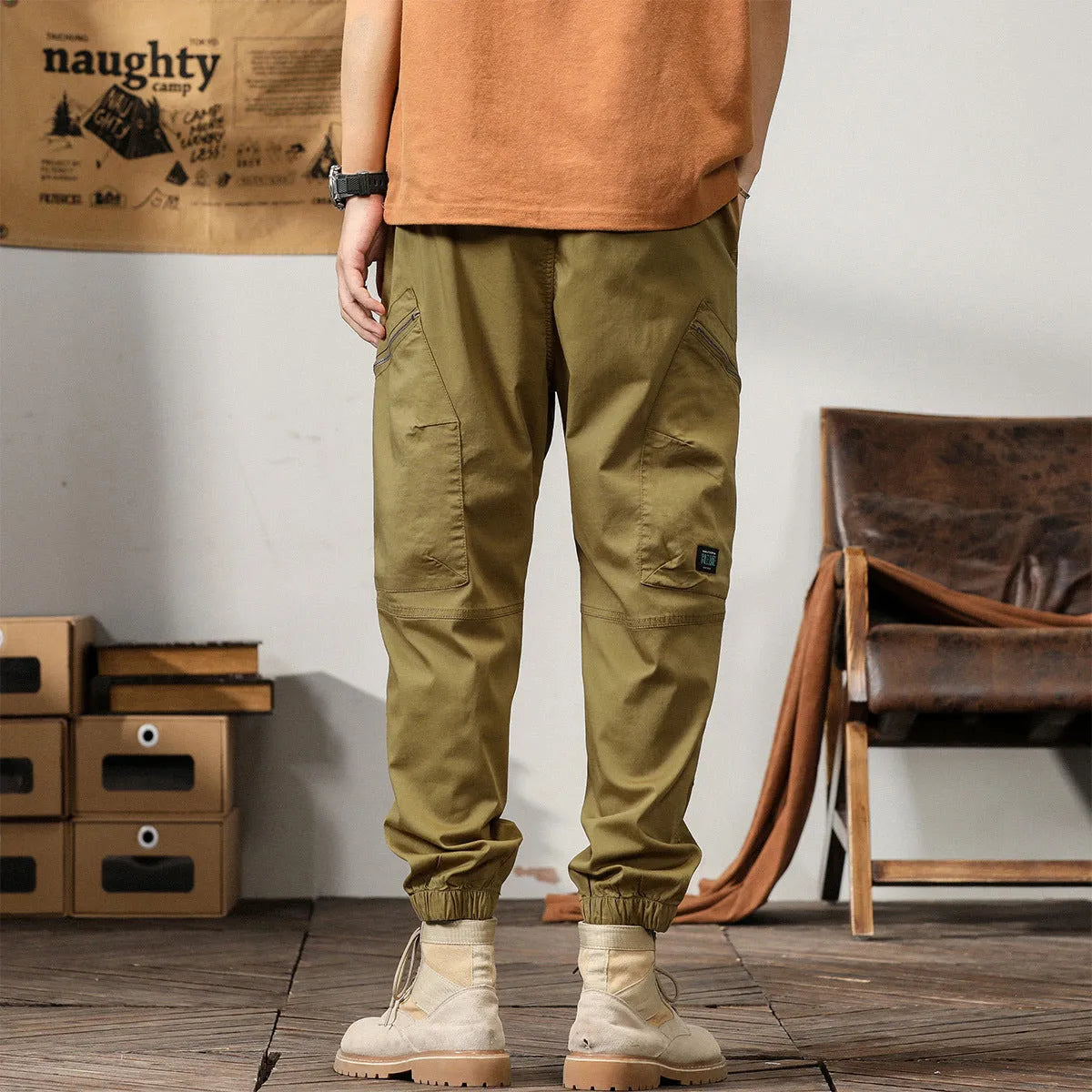 Men's cotton tapered harem pants with ankle banding in black, coffee, khaki or peacock green