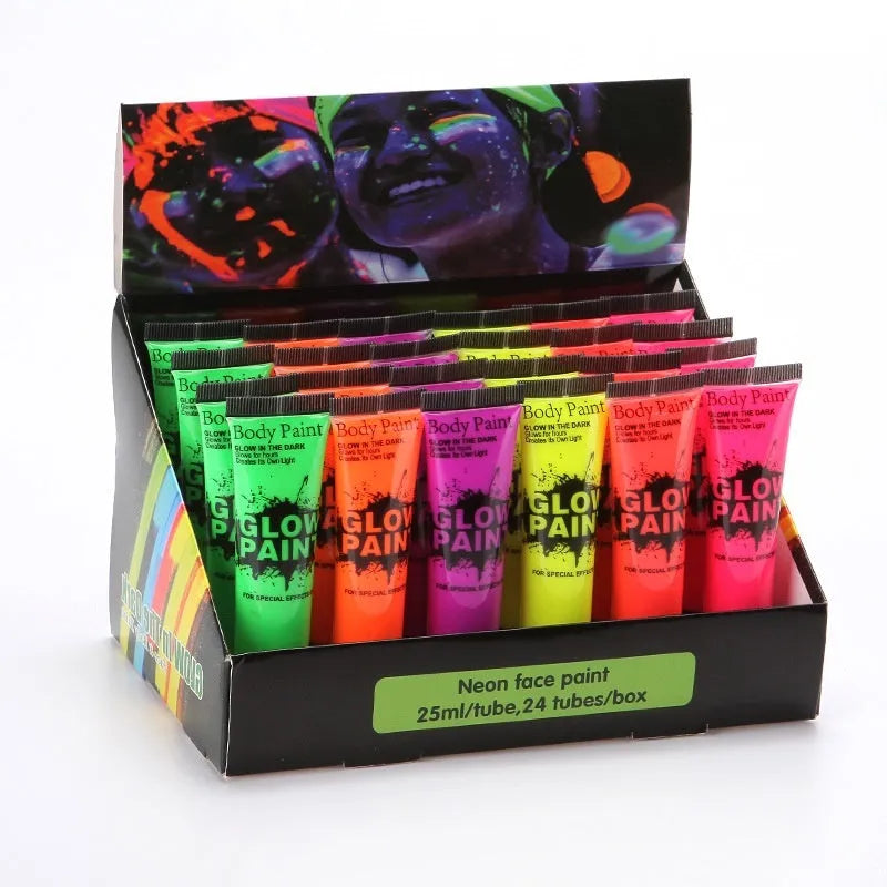 25ml tubes of neon face and body paint in red, yellow, green, purple, orange, and pink colours