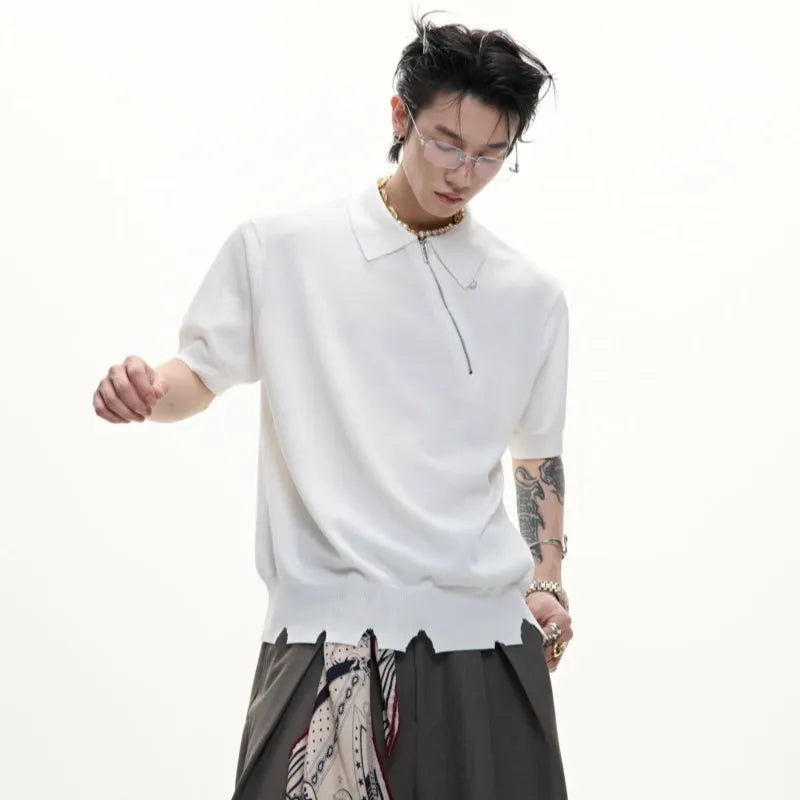 Men's slim-fit knitted polo shirt with diagonal zipper in black, grey or white colour options