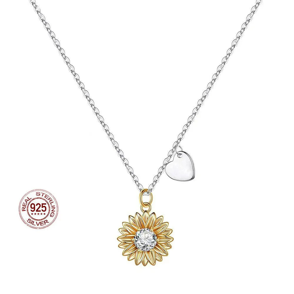 Women's sunflower pendant necklace in 925 silver with geometric daisy design and cross chain