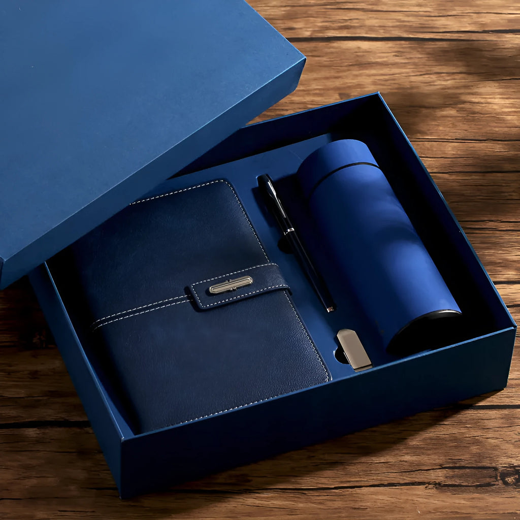A5 notebook with PU leather cover open on wood-free paper, showing colour options of black, red, green, blue, orange, and tan.
