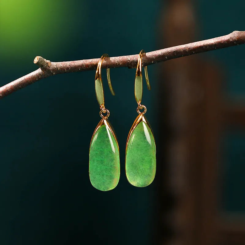 Chinese style geometric earrings with water droplet design in jade colour