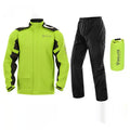 Motorcycle rain suit with jacket, trousers, hidden shoe covers and storage bag in black colour