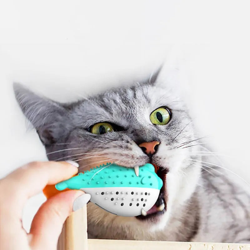 Silicone mint-scented fish shaped cat chew toy in blue green pink or yellow for dental cleaning