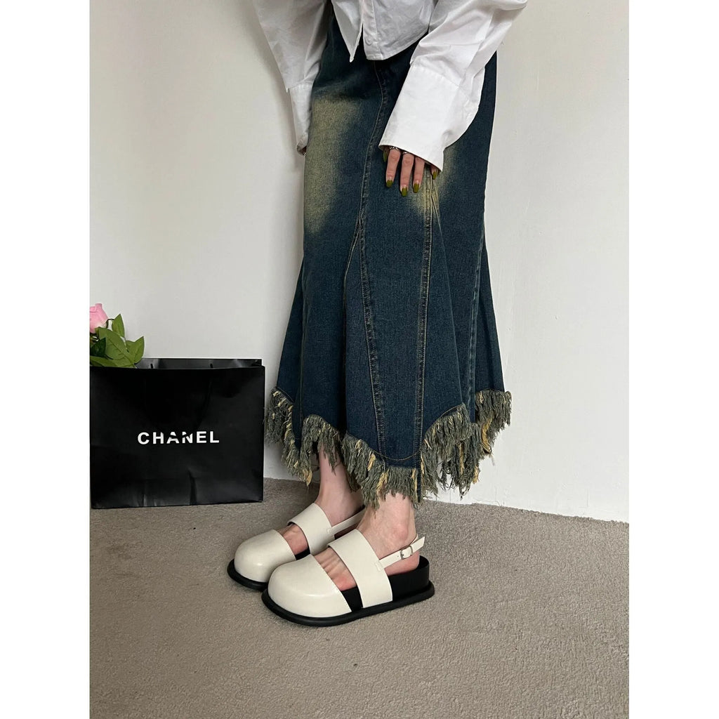 Retro one-strap sandals with buckle closure and breathable closed-toe design in microfiber