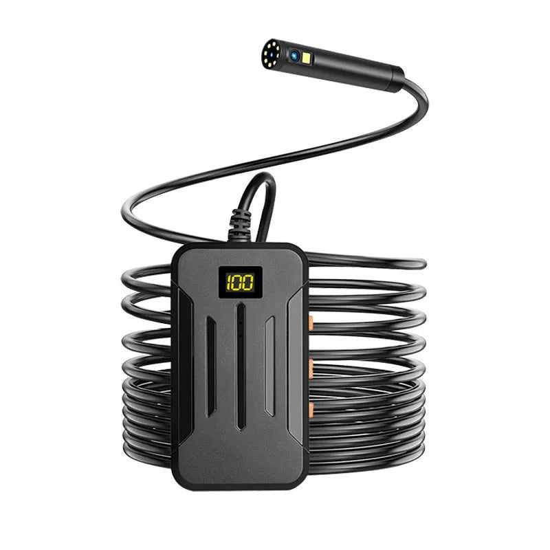 Wireless dual lens endoscope with 5.5mm and 8mm probe diameter options showing magnet and hook accessories