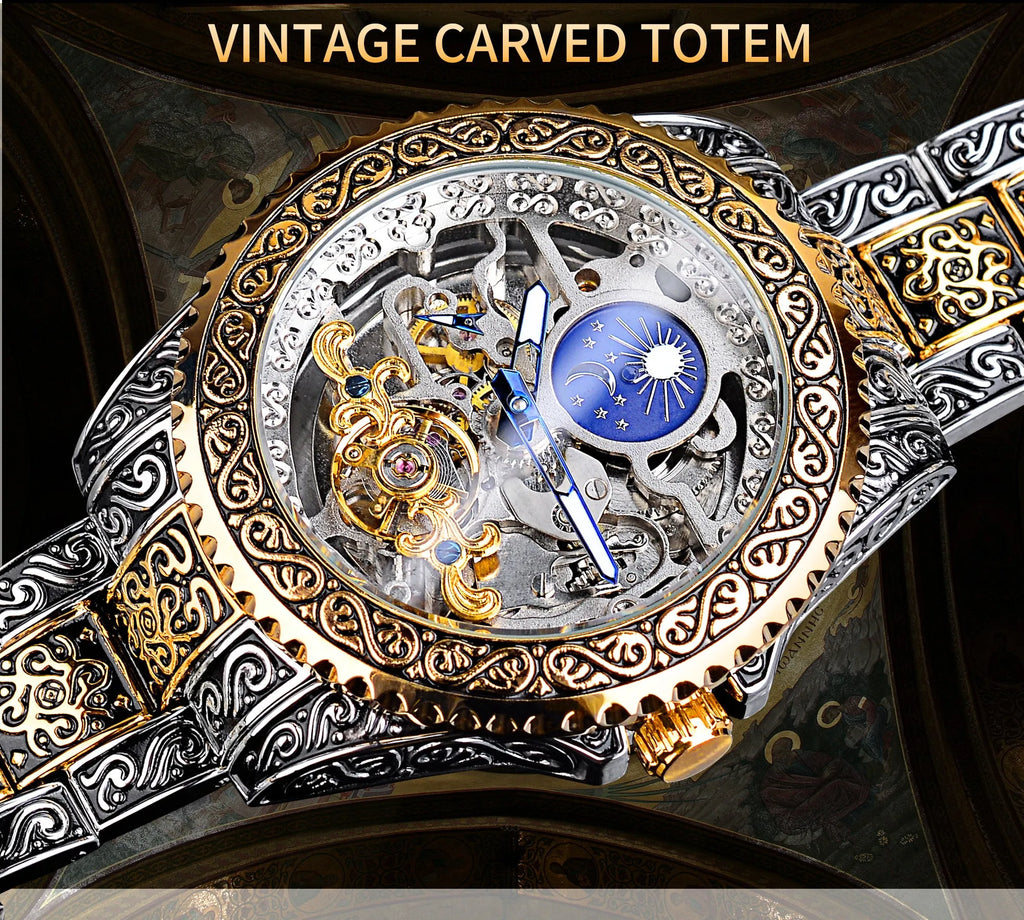 Forsining skeleton automatic mechanical watch with yellow stainless steel case showing visible movement