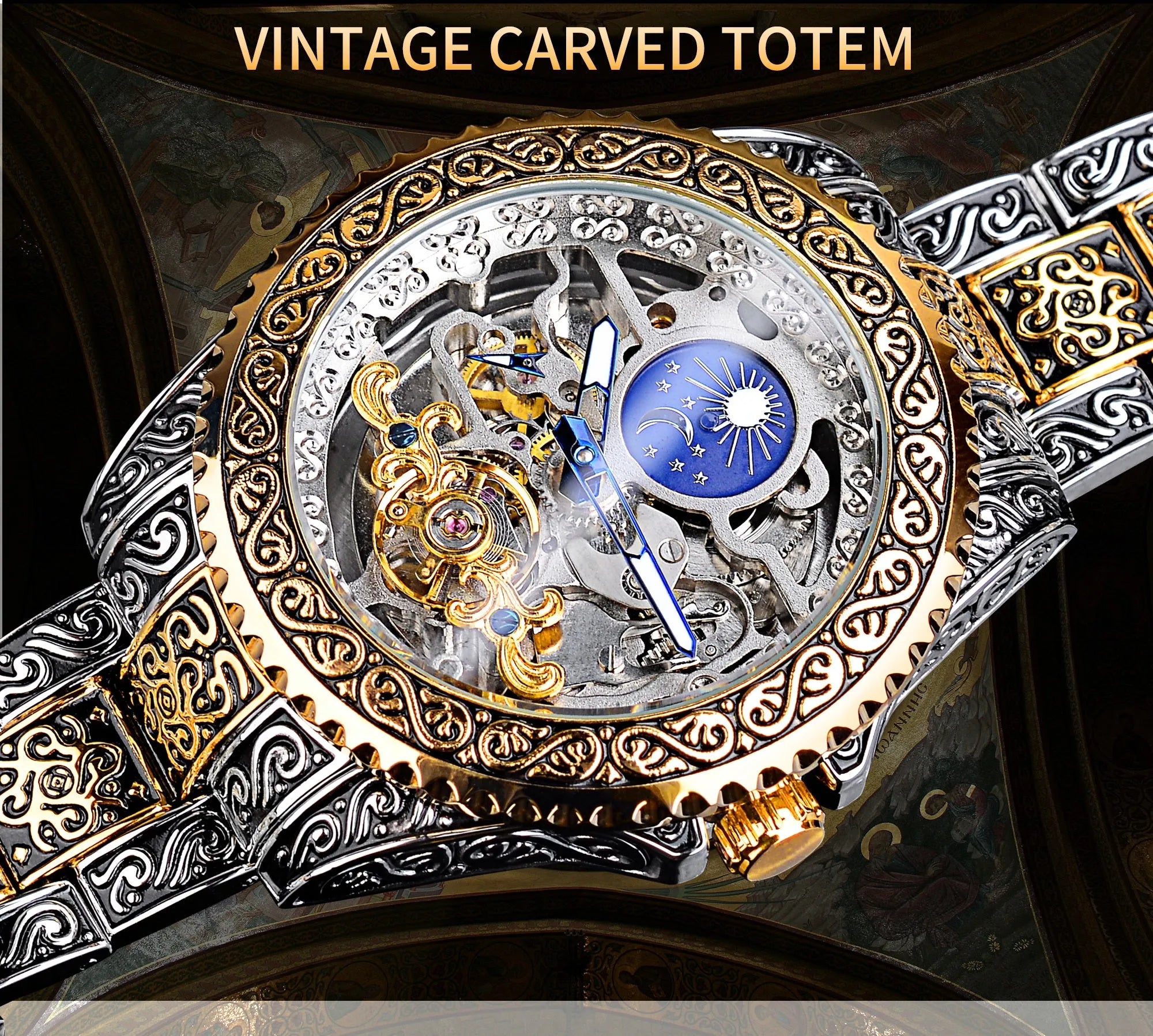 Forsining skeleton automatic mechanical watch with yellow stainless steel case showing visible movement