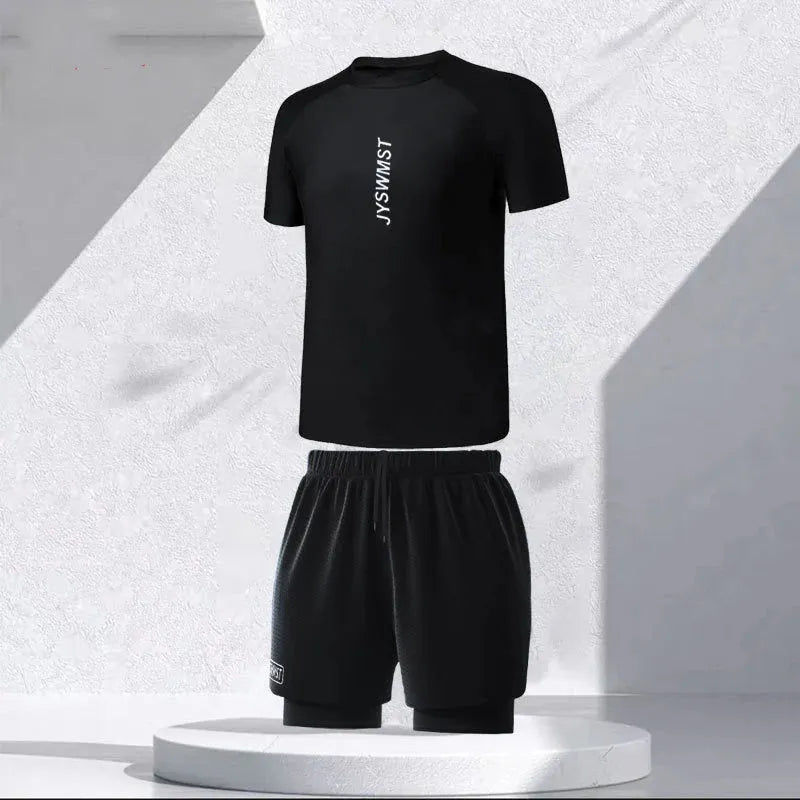 Men's patterned polyester swimsuit set on a mannequin, showing the top and trousers.