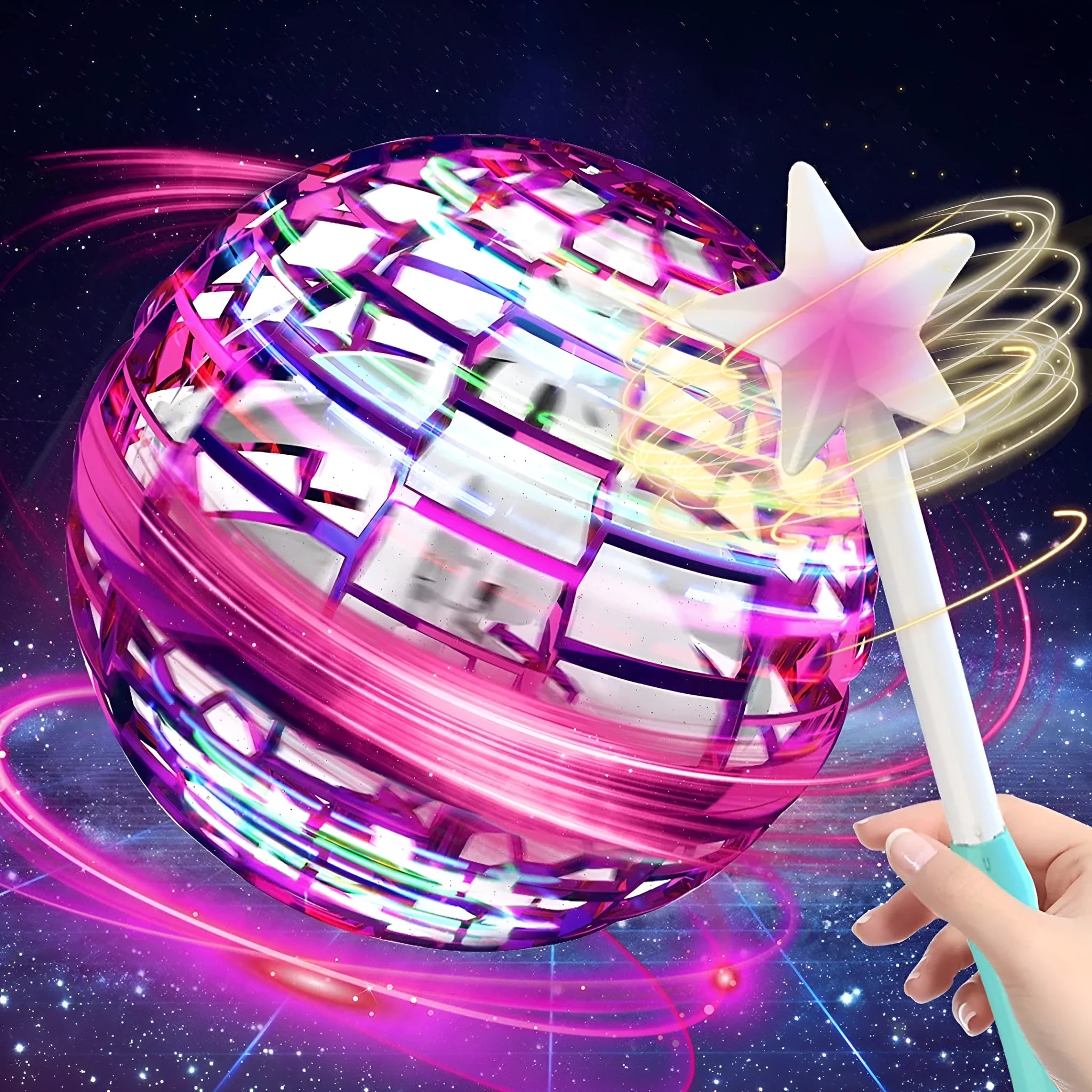 Blue spinning flying ball toy with LED lights hovering above a child's hand, next to a magic wand.
