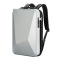 Large PC hard shell gaming backpack showing titanium gold colour with locking mechanism and organised internal compartments