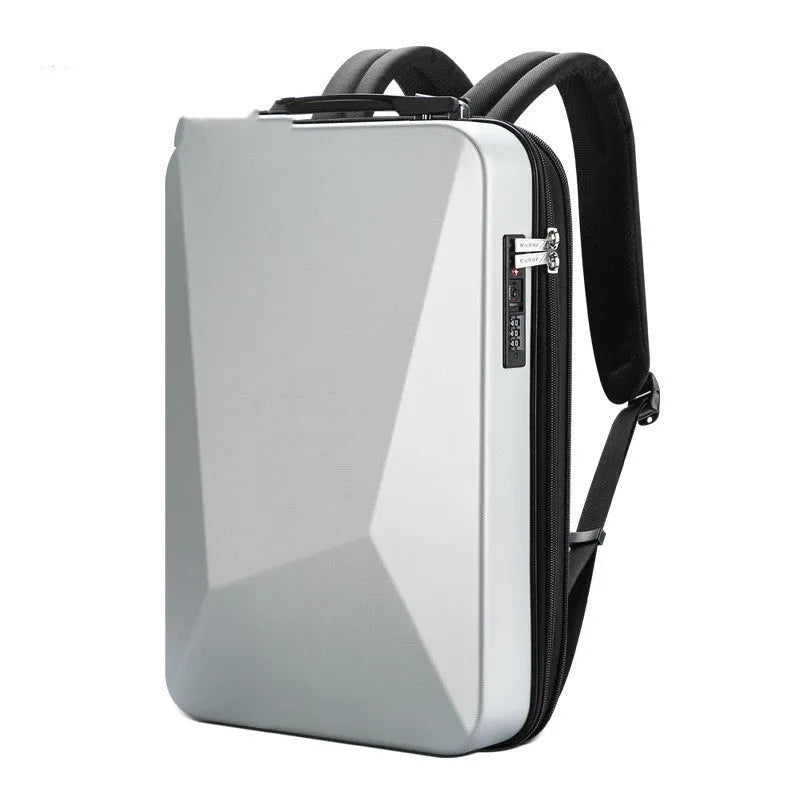 Large PC hard shell gaming backpack showing titanium gold colour with locking mechanism and organised internal compartments