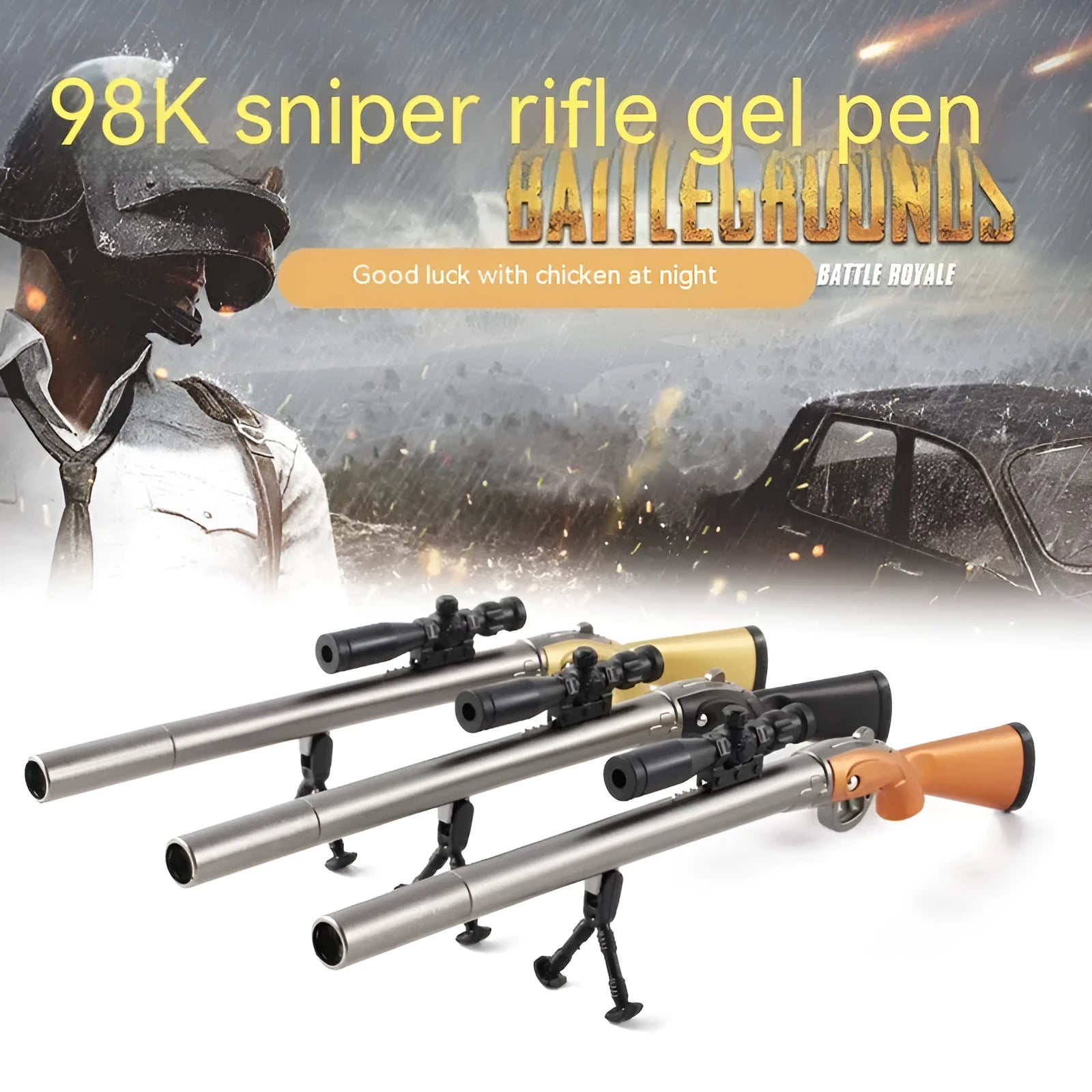 Marvel 98K sniper rifle model gel pen with 0.5mm tip shown next to Ace Agent black and blue ink refills.