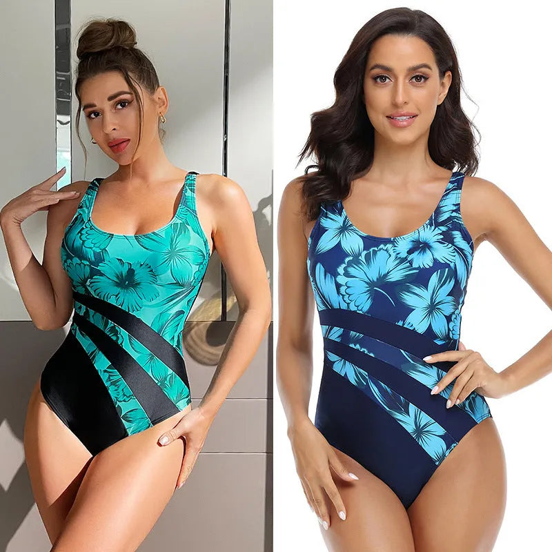 Women's conservative style one-piece swimsuit with printed design in blue and green colour options