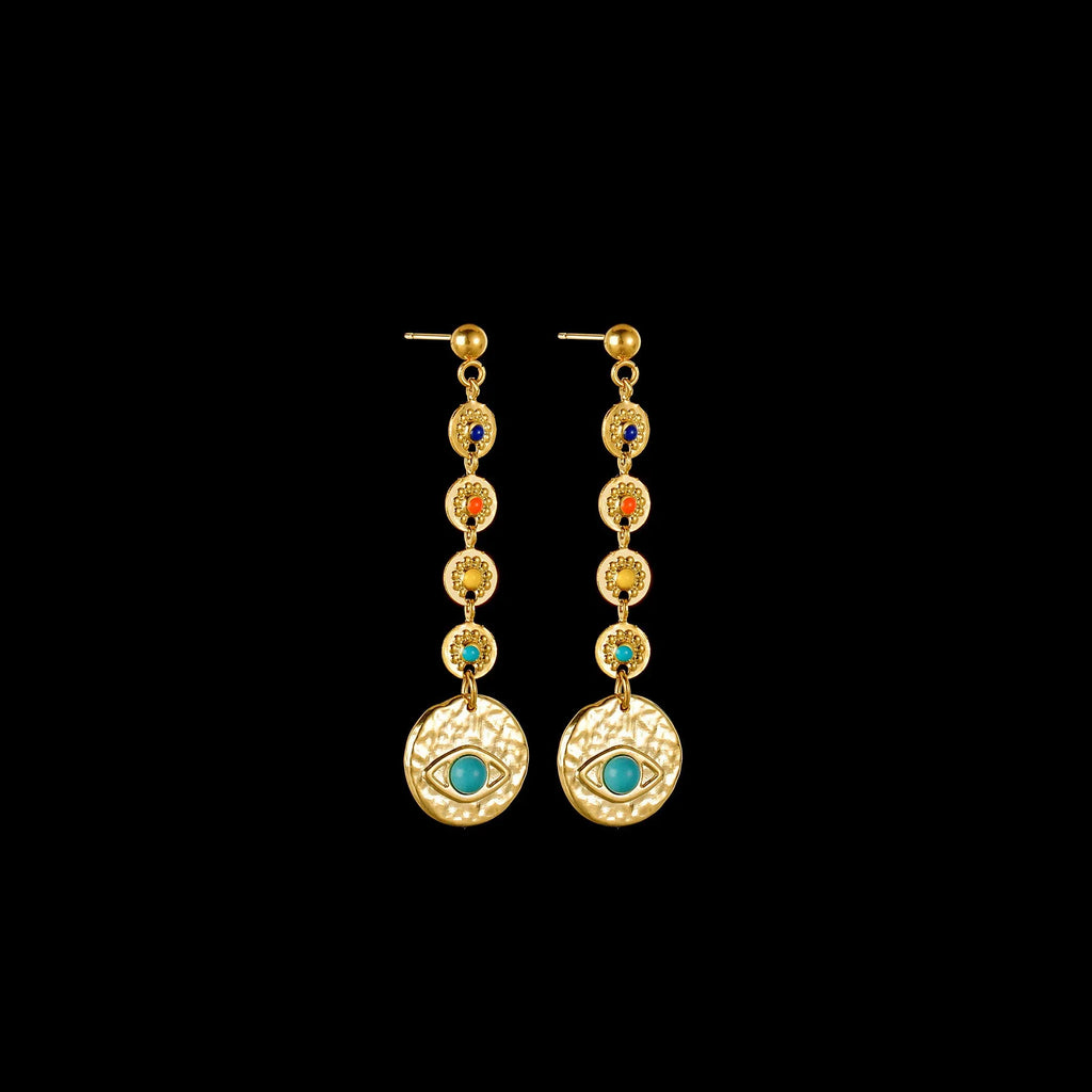 Geometric stainless steel stud earrings showing three colour options: Eight Awn XINGX, Eye, and Shell Sun designs.