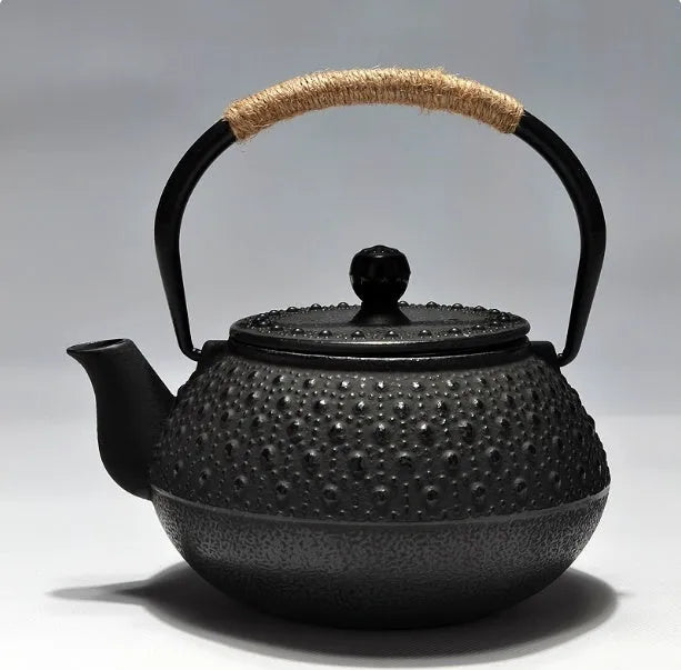 Cast iron teapot with Japanese-style decorative patterns and 0.9L capacity for brewing tea