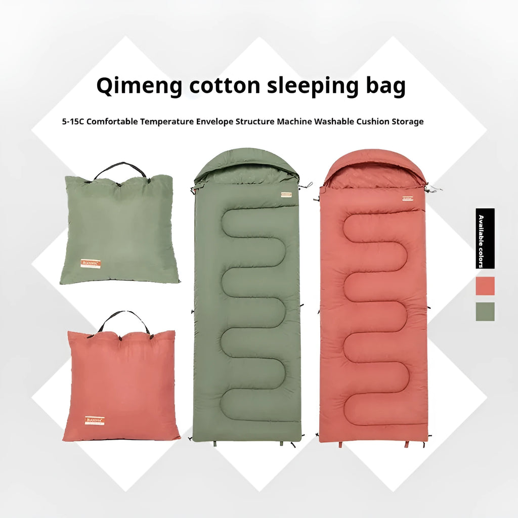 Cotton camping sleeping bag quilt in ochre and olive green colours with cold-proof insulation