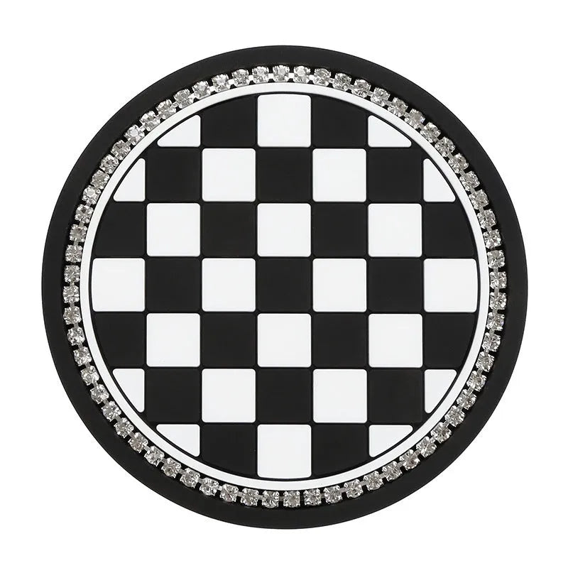 PVC plastic car water cup mat coaster in black and white checkerboard pattern for dashboard cup holder