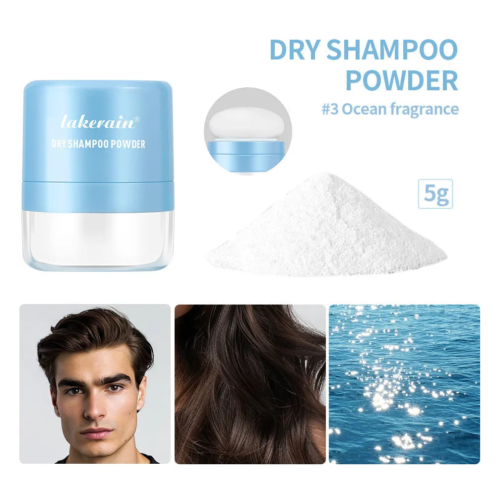 Single-use 5g packet of dry shampoo powder for oily hair, shown with floral, cherry, and ocean scent variants.