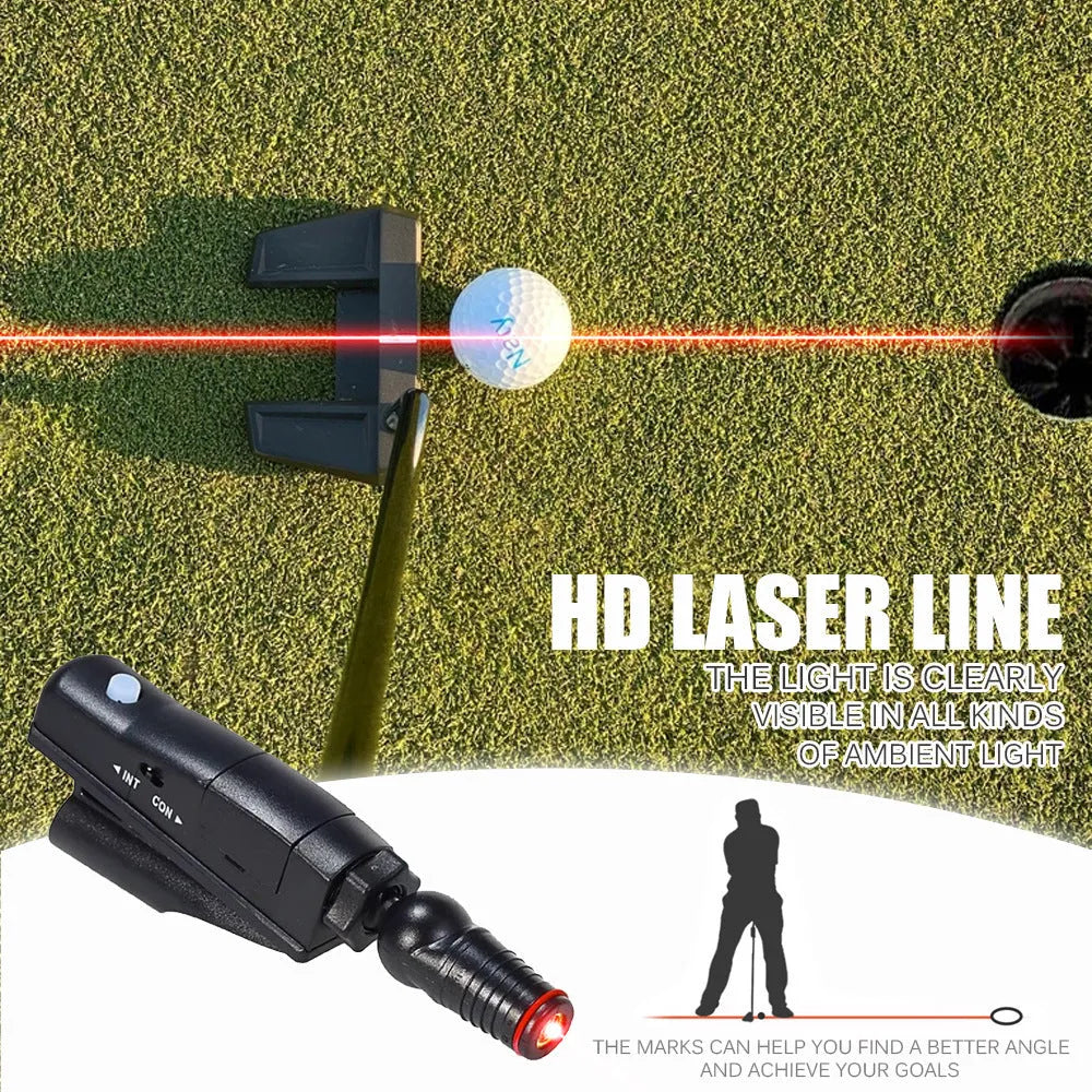 Black golf putter laser aiming instrument attached to putter shaft for alignment training