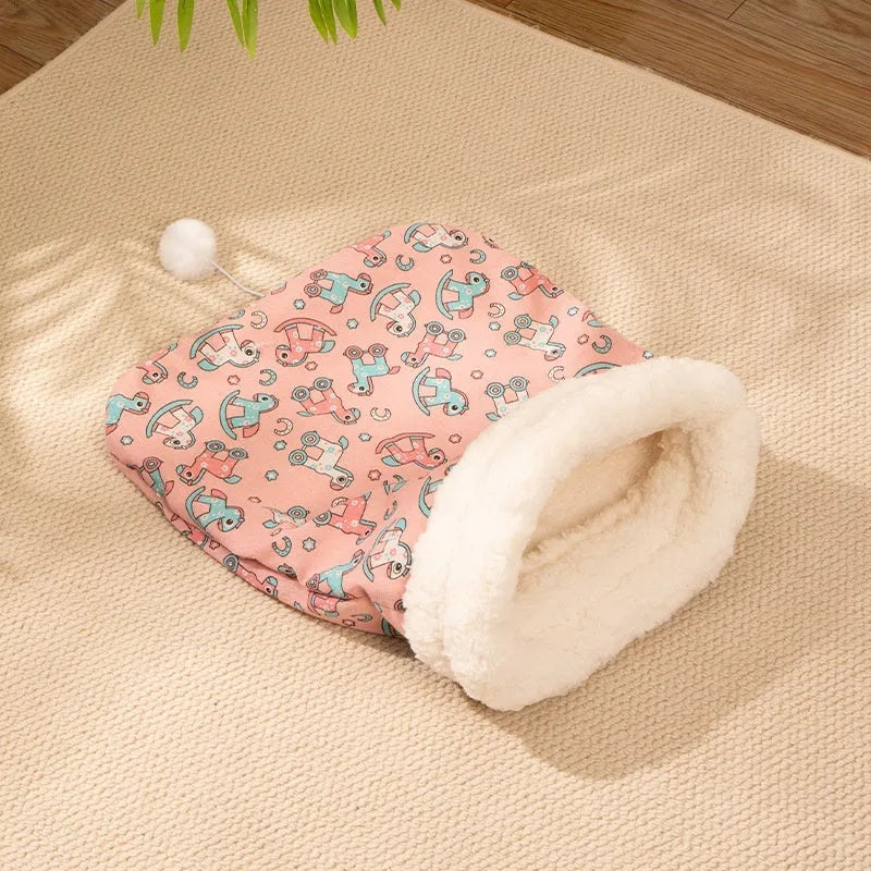 Flannel cat sleeping bag nest pet bed measuring 50x40cm in three design options