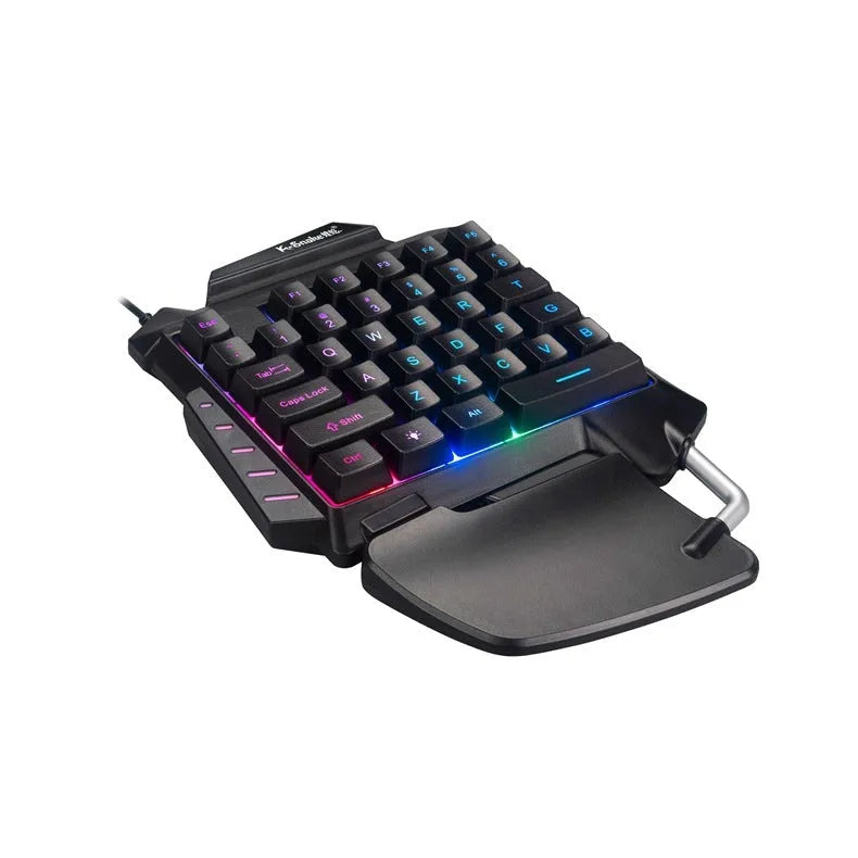 Black one-handed left-handed gaming keyboard with USB cable and integrated hand rest for mobile gaming